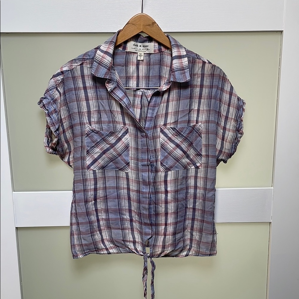 Anthropologie- Casual Plaid Tie-Front Shirt